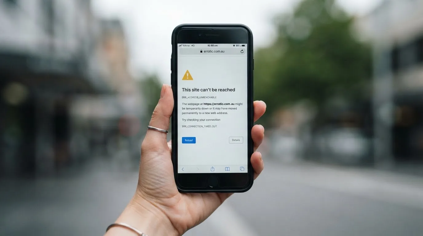 A smartphone screen showing a plain government warning notice about a blocked website, held against a blurred background.