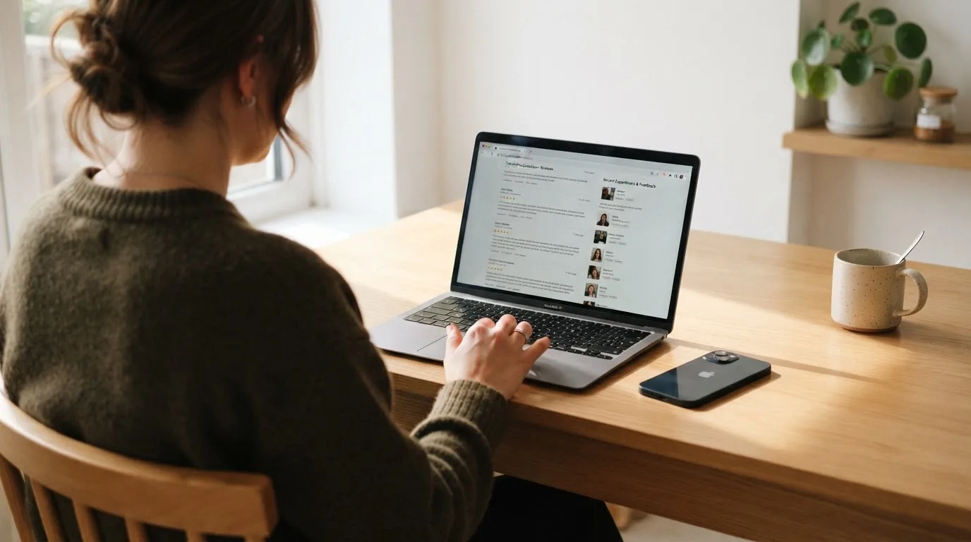 A person at a kitchen table scrolling through review pages on a laptop, phone face-down beside them.