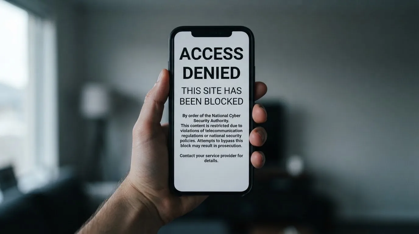 A smartphone screen showing a plain government warning notice about a blocked website, held against a blurred background.