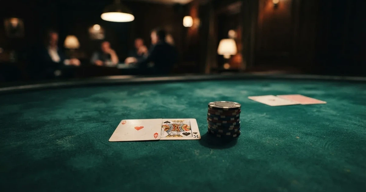 A close-up of a green felt gaming table with cards and chips mid-hand.