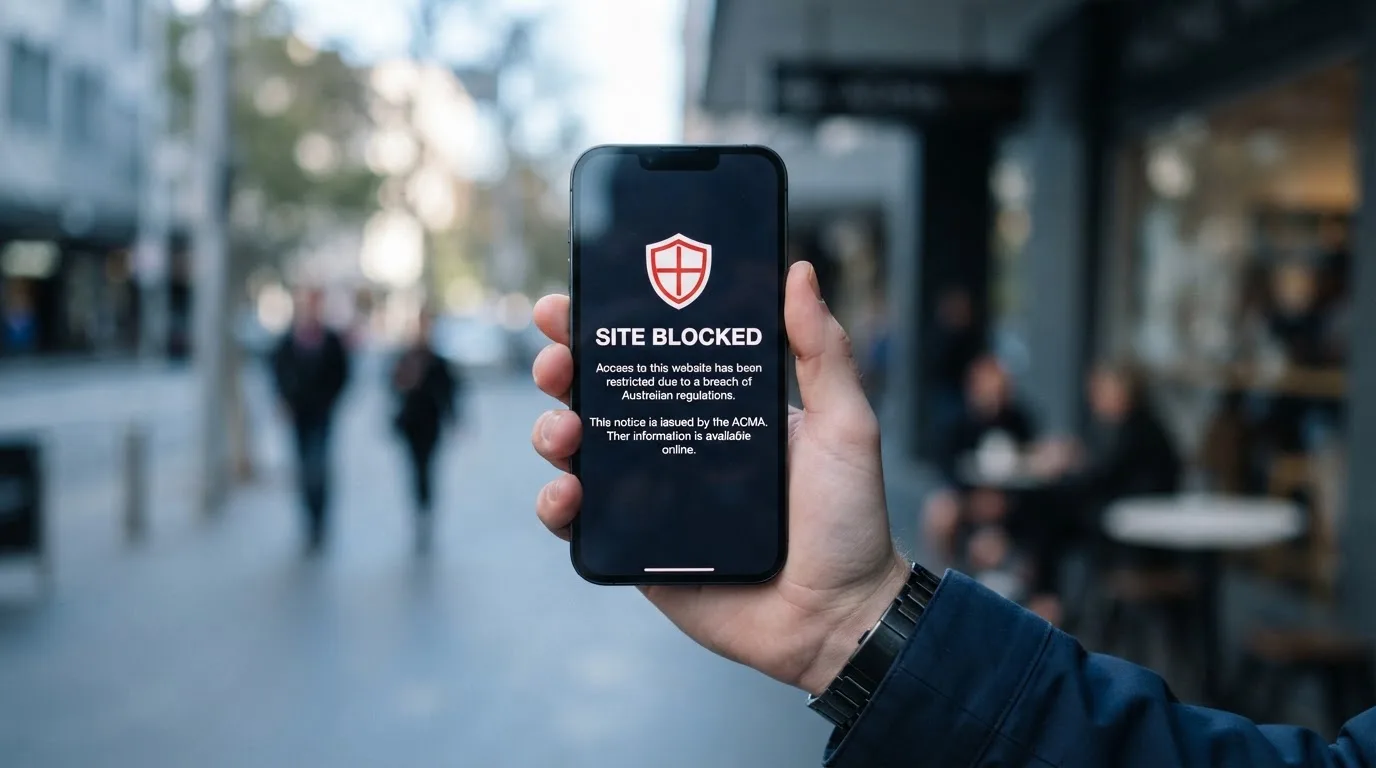 A smartphone screen showing a plain government warning notice about a blocked website, held against a blurred background.
