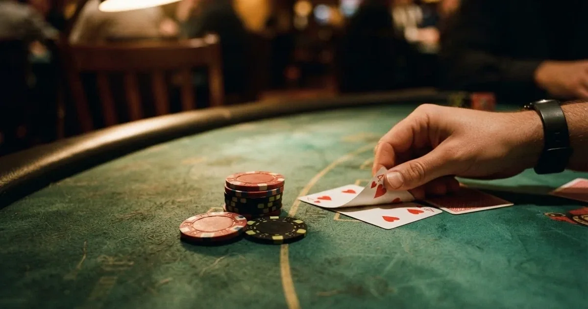 A close-up of a green felt gaming table with cards and chips mid-hand.