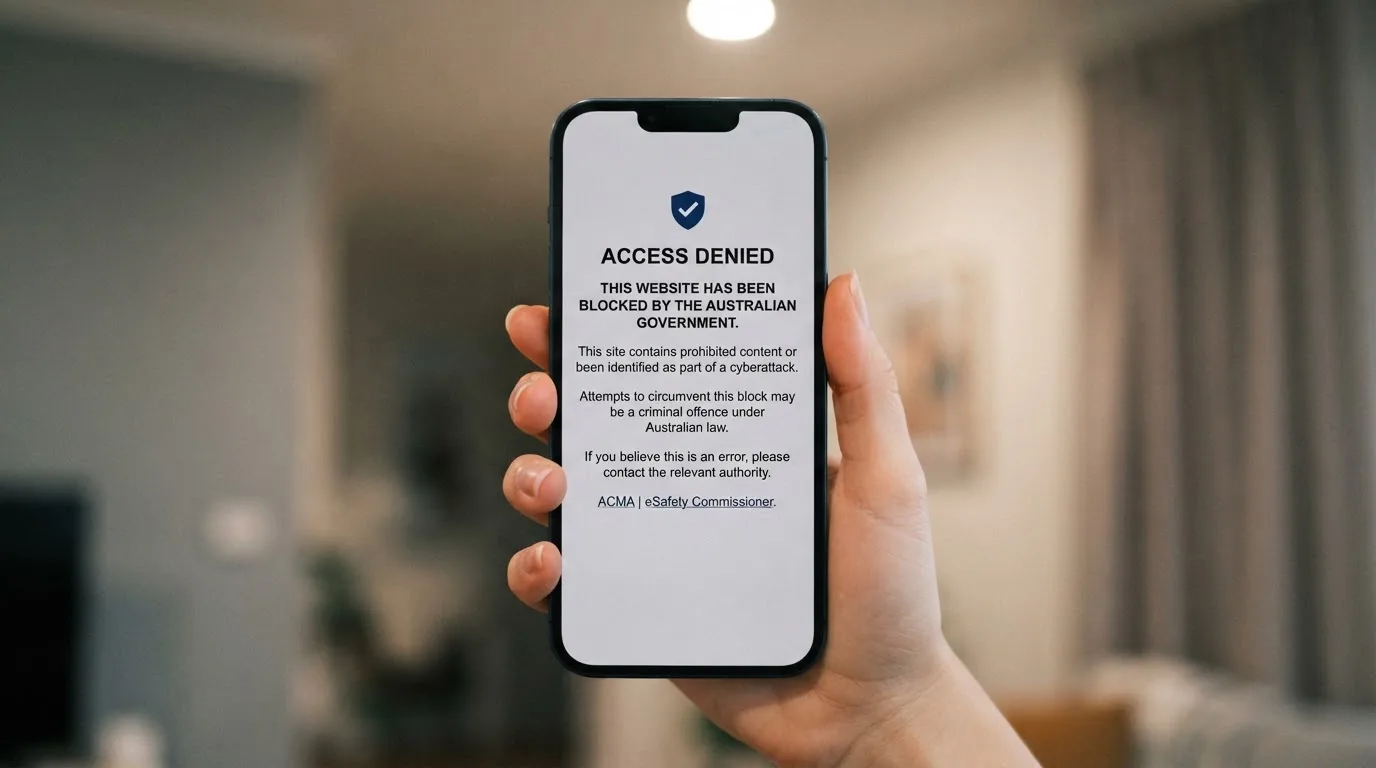 A smartphone screen showing a plain government warning notice about a blocked website, held against a blurred background.