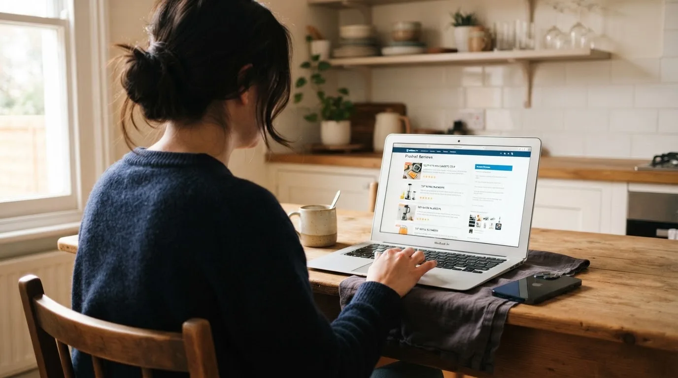 A person at a kitchen table scrolling through review pages on a laptop, phone face-down beside them.