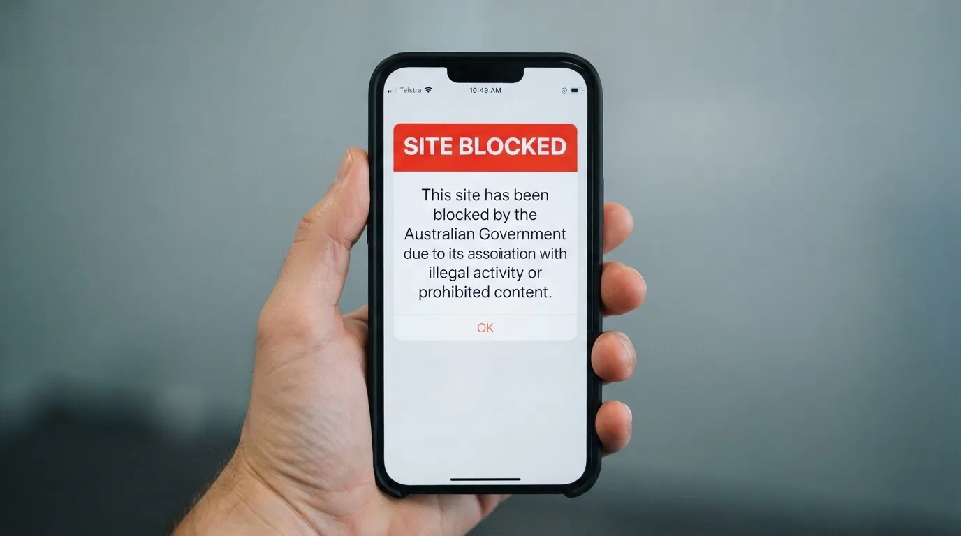 A smartphone screen showing a plain government warning notice about a blocked website, held against a blurred background.