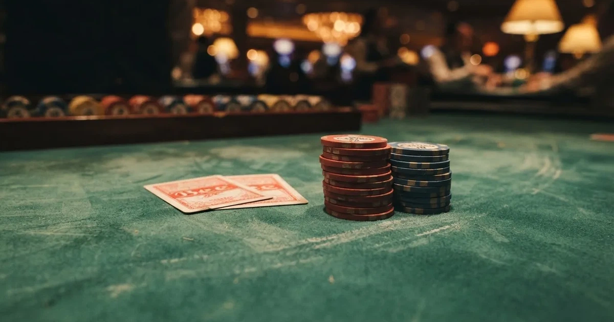 A close-up of a green felt gaming table with cards and chips mid-hand.