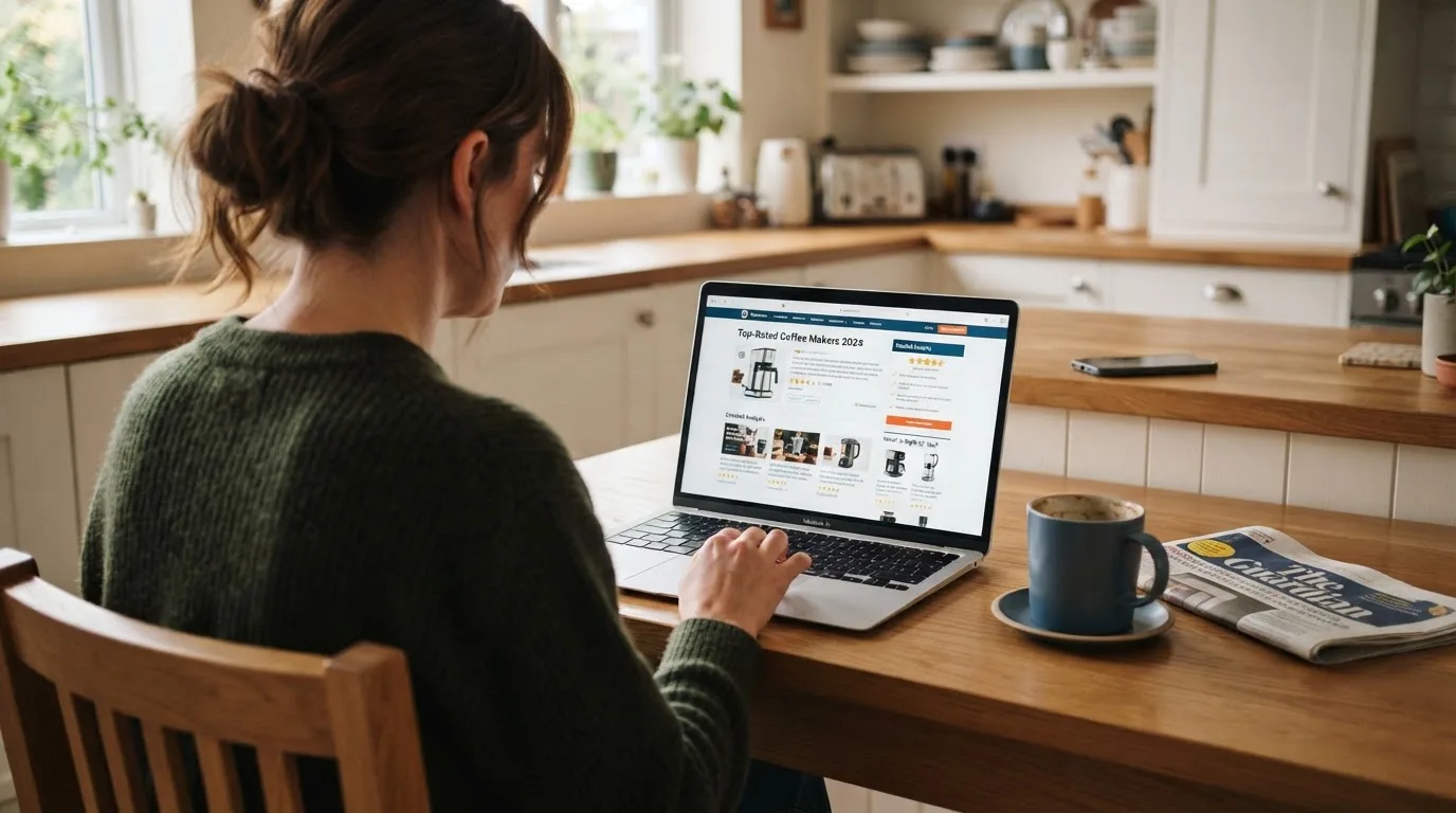 A person at a kitchen table scrolling through review pages on a laptop, phone face-down beside them.
