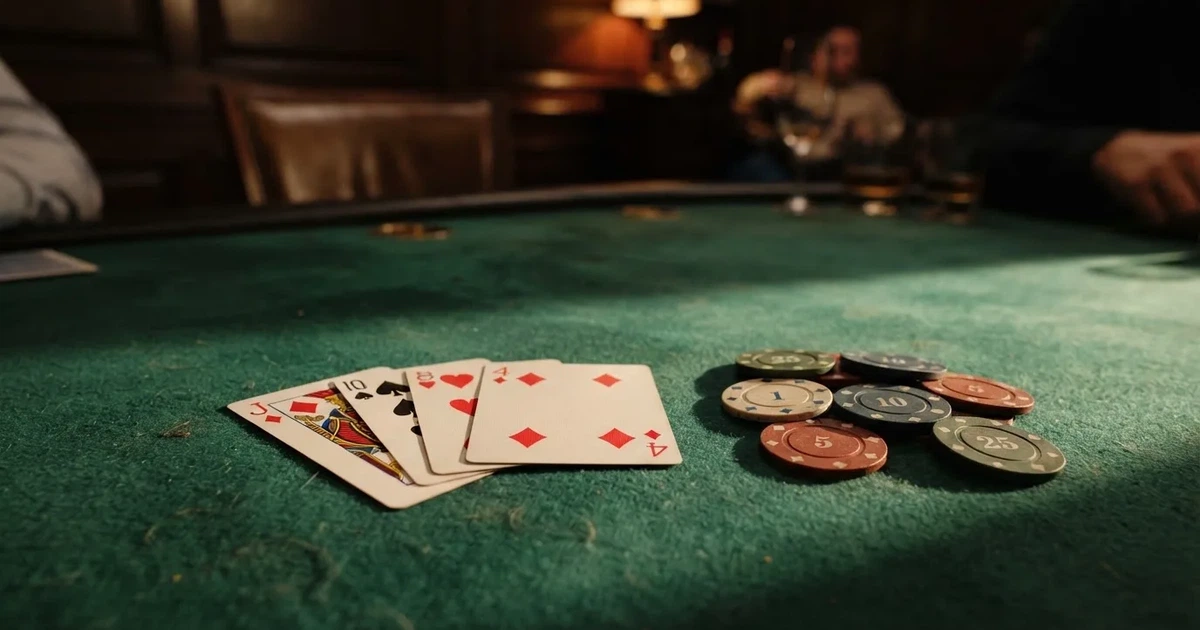 A close-up of a green felt gaming table with cards and chips mid-hand.