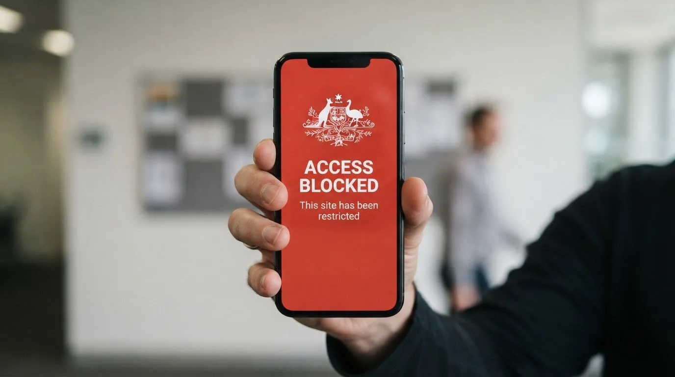 A smartphone screen showing a plain government warning notice about a blocked website, held against a blurred background.