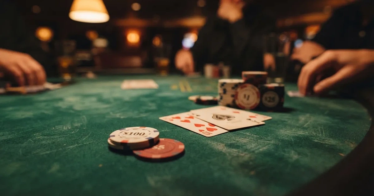 A close-up of a green felt gaming table with cards and chips mid-hand.