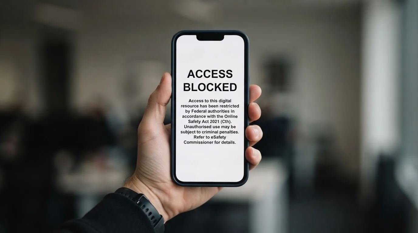 A smartphone screen showing a plain government warning notice about a blocked website, held against a blurred background.