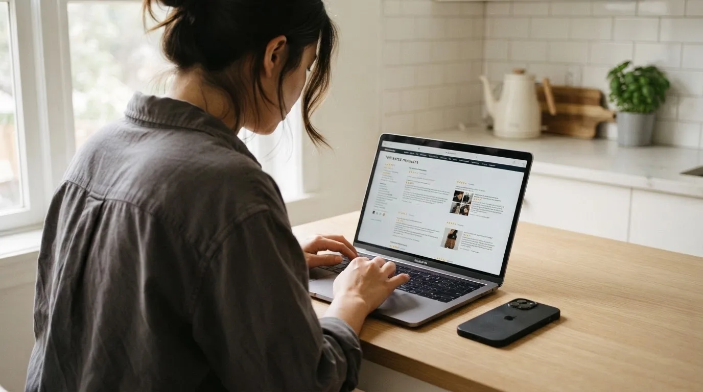 A person at a kitchen table scrolling through review pages on a laptop, phone face-down beside them.