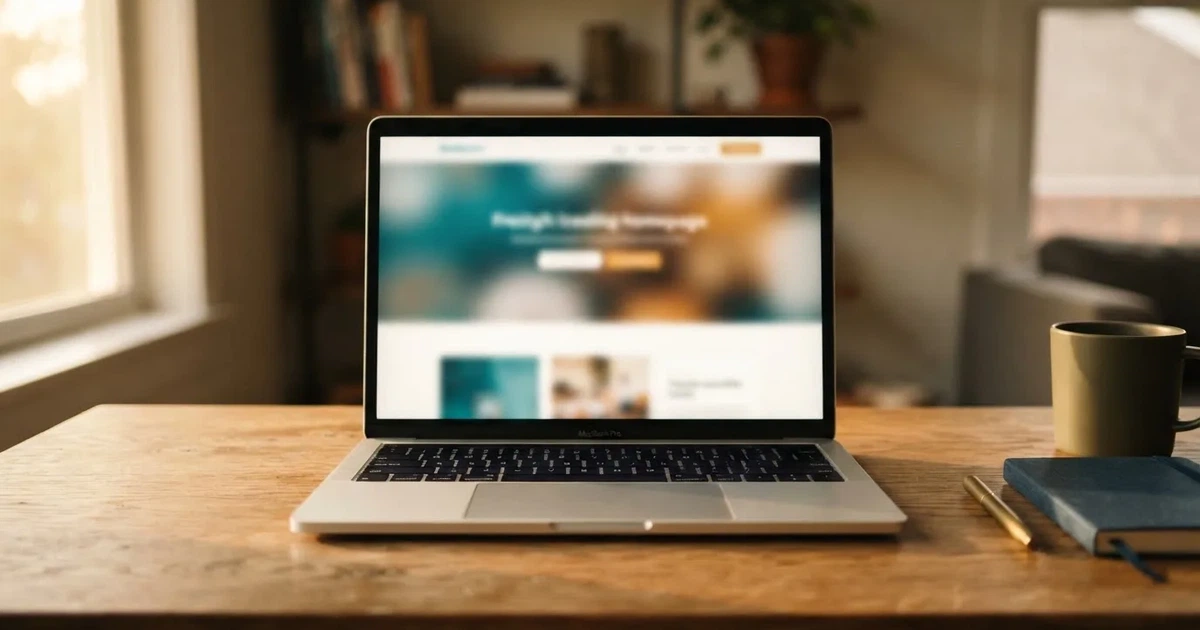 A laptop screen showing a freshly loaded website homepage, its content blurred out.