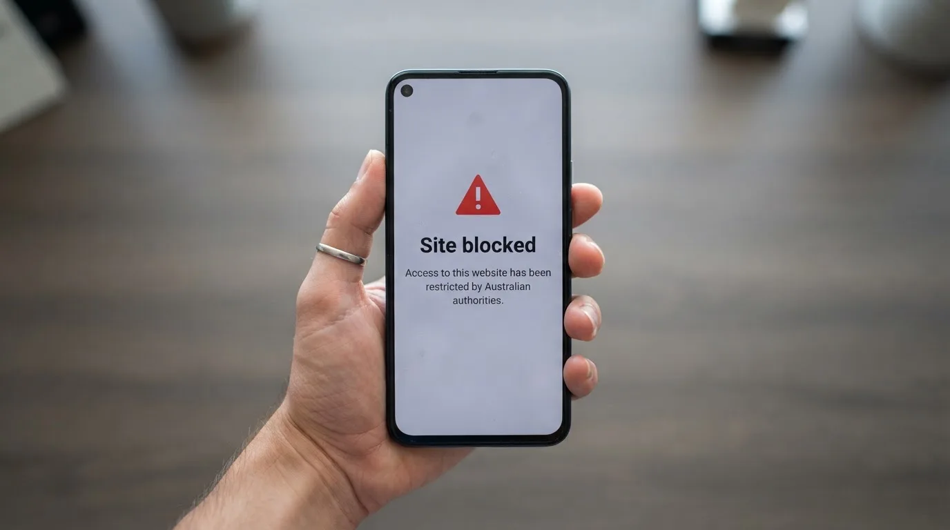 A smartphone screen showing a plain government warning notice about a blocked website, held against a blurred background.