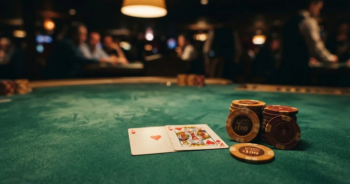 A close-up of a green felt gaming table with cards and chips mid-hand.