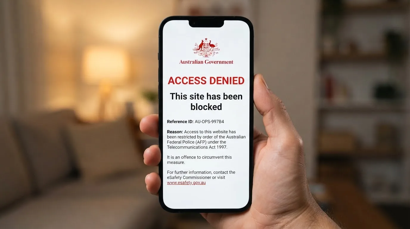 A smartphone screen showing a plain government warning notice about a blocked website, held against a blurred background.