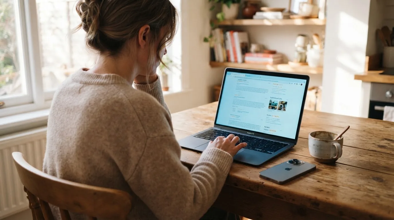 A person at a kitchen table scrolling through review pages on a laptop, phone face-down beside them.
