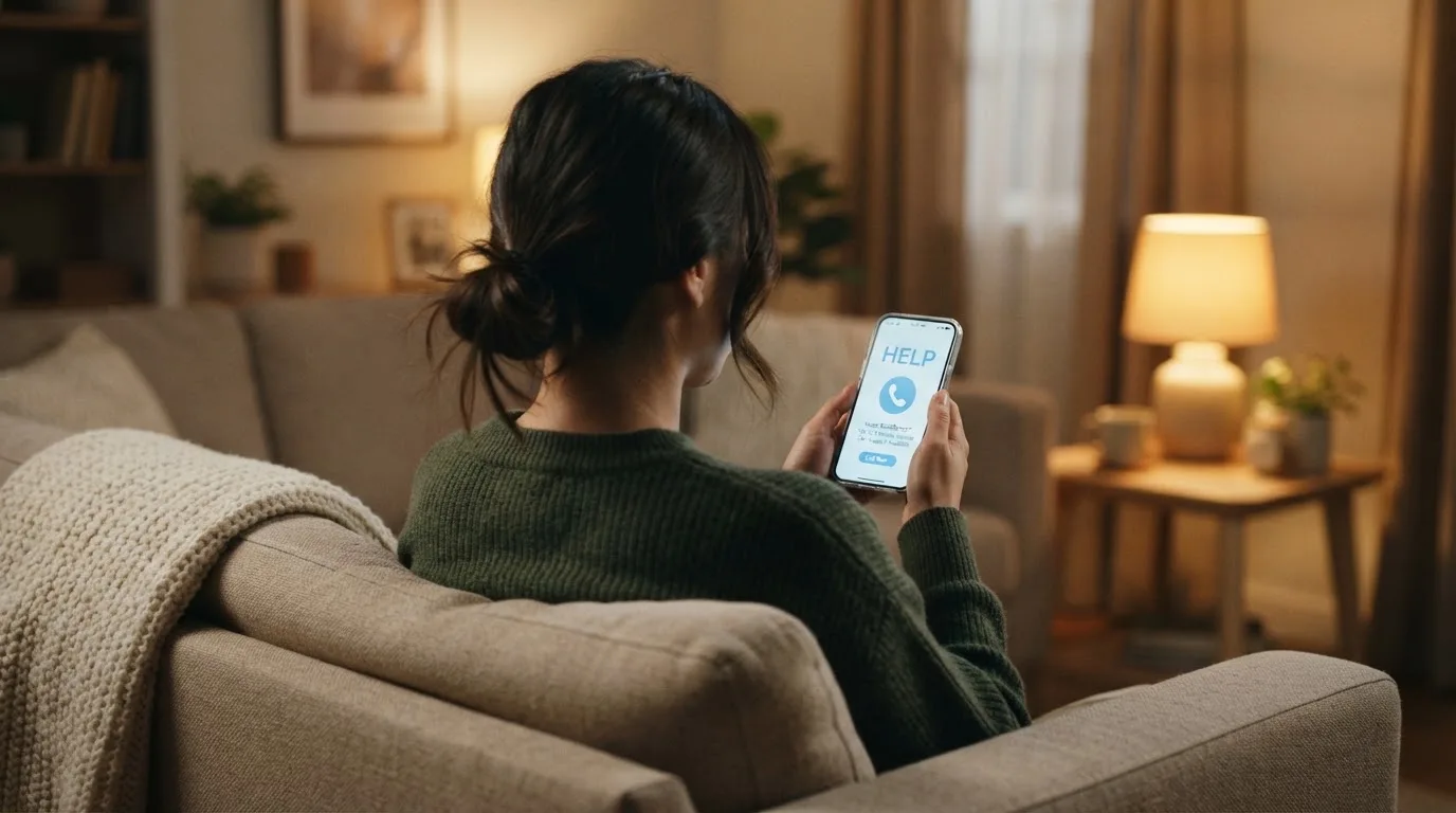 A person sitting calmly with a phone open to a support helpline page, no gaming screen visible.