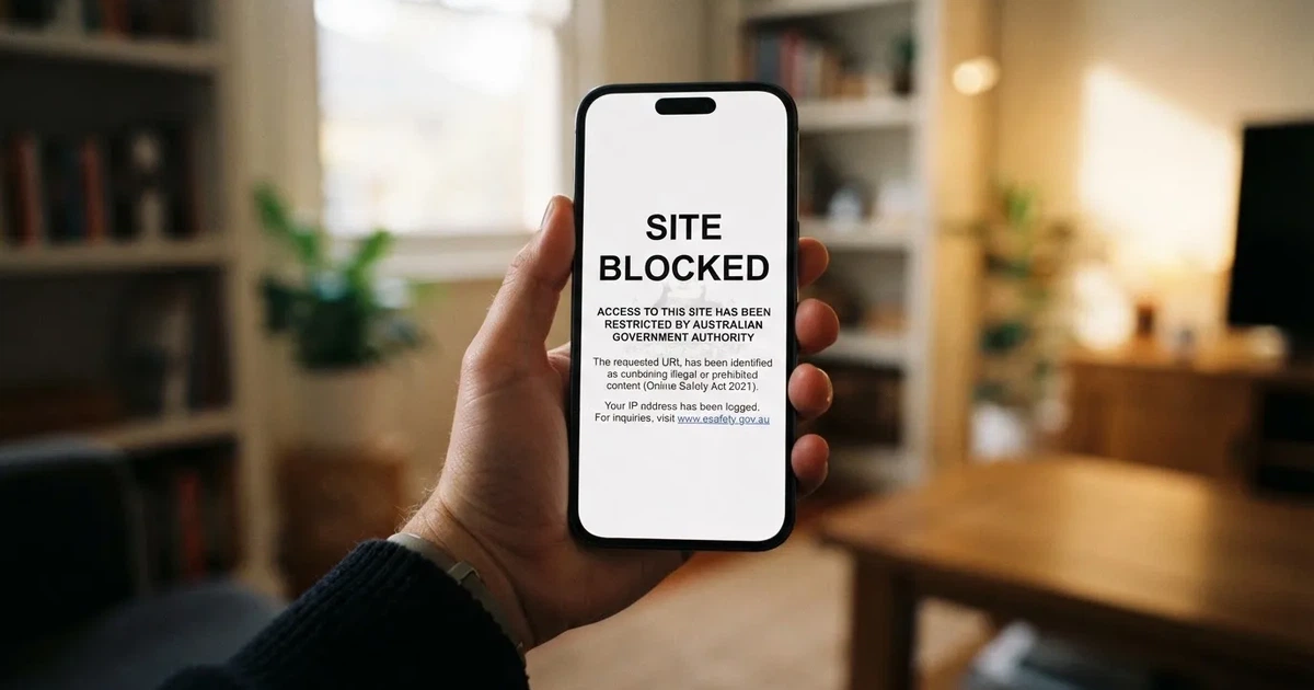 A smartphone screen showing a plain government warning notice about a blocked website, held against a blurred background.