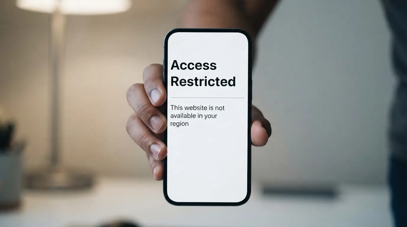 A smartphone screen showing a plain government warning notice about a blocked website, held against a blurred background.