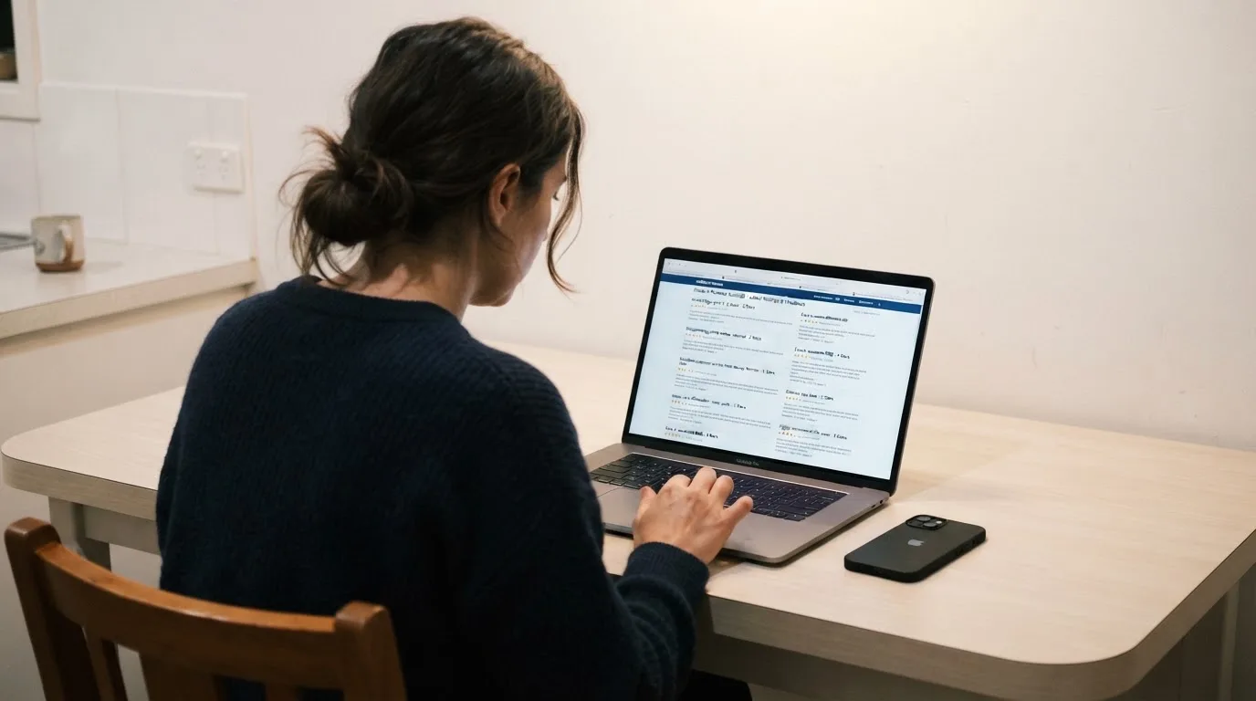 A person at a kitchen table scrolling through review pages on a laptop, phone face-down beside them.