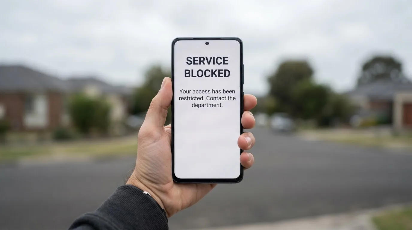 A smartphone screen showing a plain government warning notice about a blocked website, held against a blurred background.
