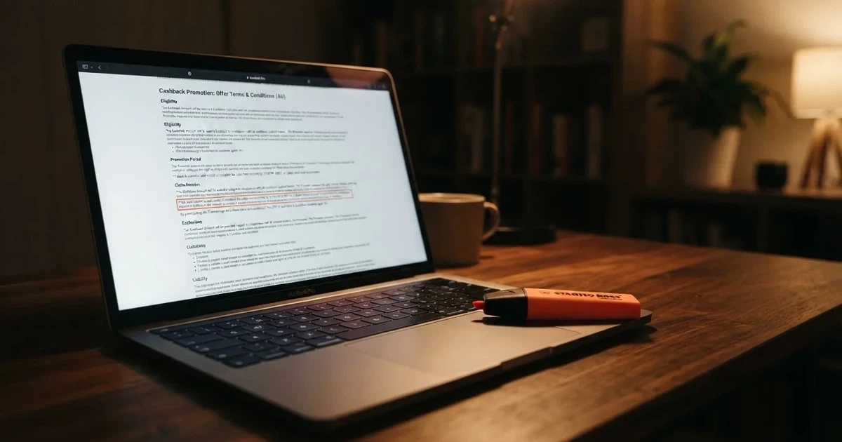 A laptop screen showing a page of terms and conditions text with a highlighter resting nearby.