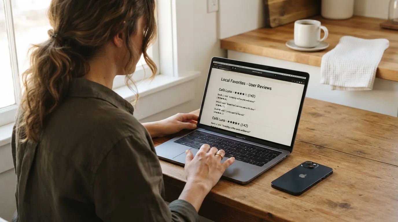 A person at a kitchen table scrolling through review pages on a laptop, phone face-down beside them.