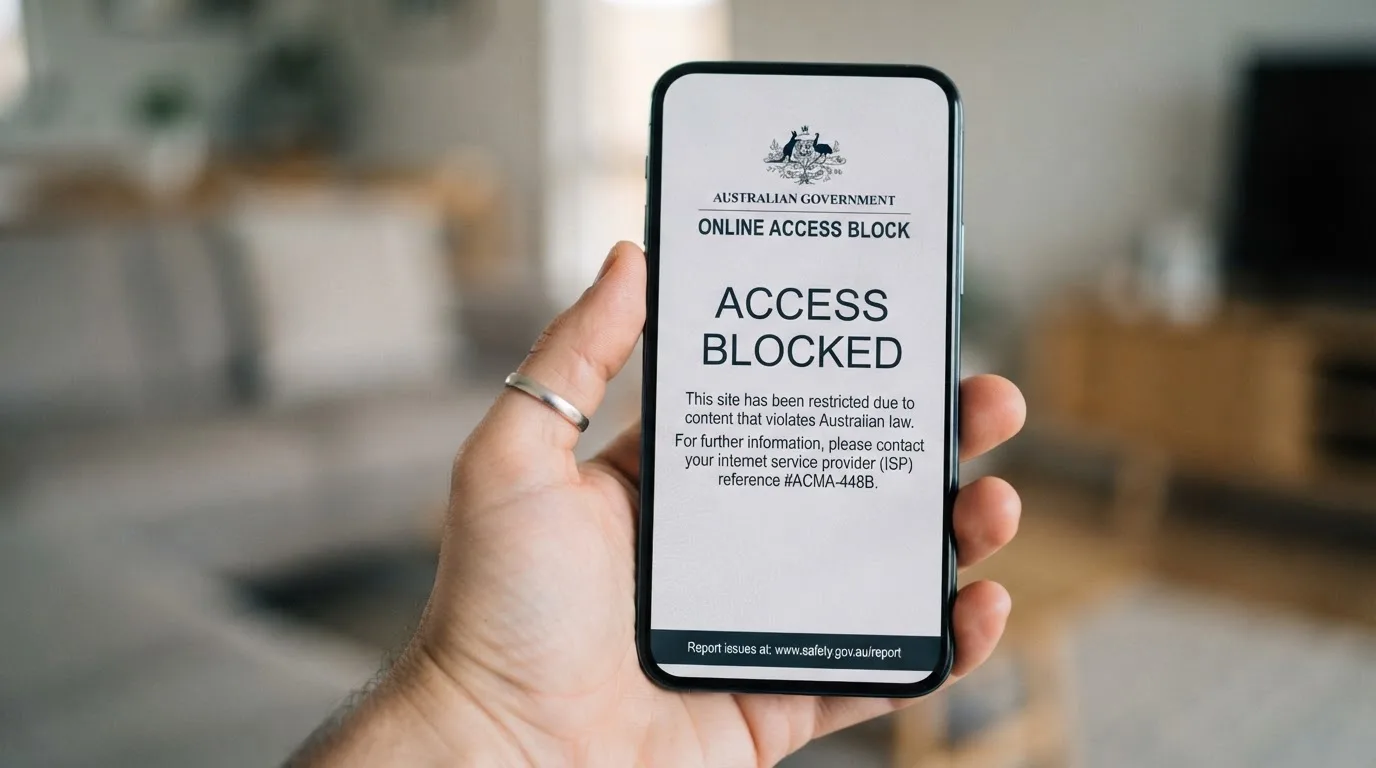 A smartphone screen showing a plain government warning notice about a blocked website, held against a blurred background.