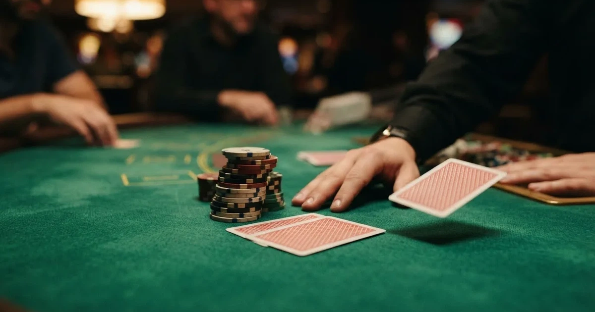 A close-up of a green felt gaming table with cards and chips mid-hand.