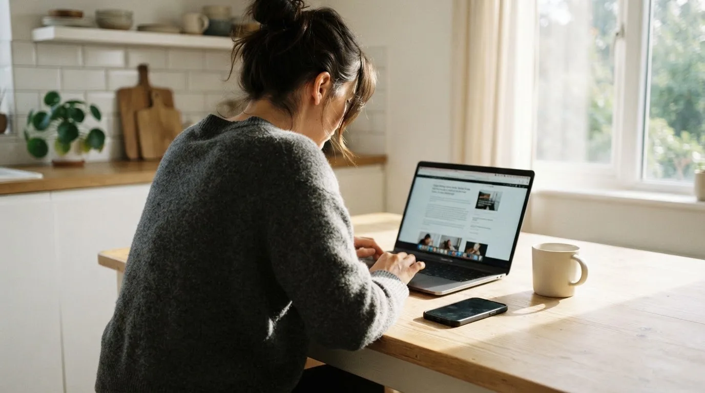 A person at a kitchen table scrolling through review pages on a laptop, phone face-down beside them.