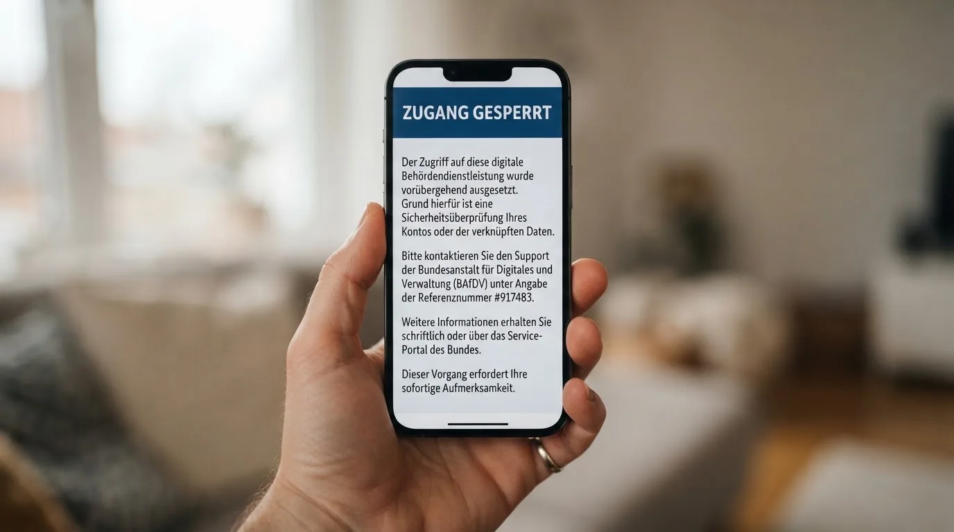 A smartphone screen showing a plain government warning notice about a blocked website, held against a blurred background.