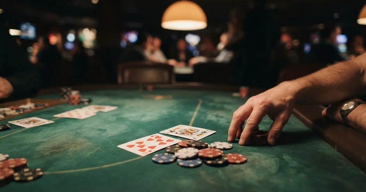 A close-up of a green felt gaming table with cards and chips mid-hand.