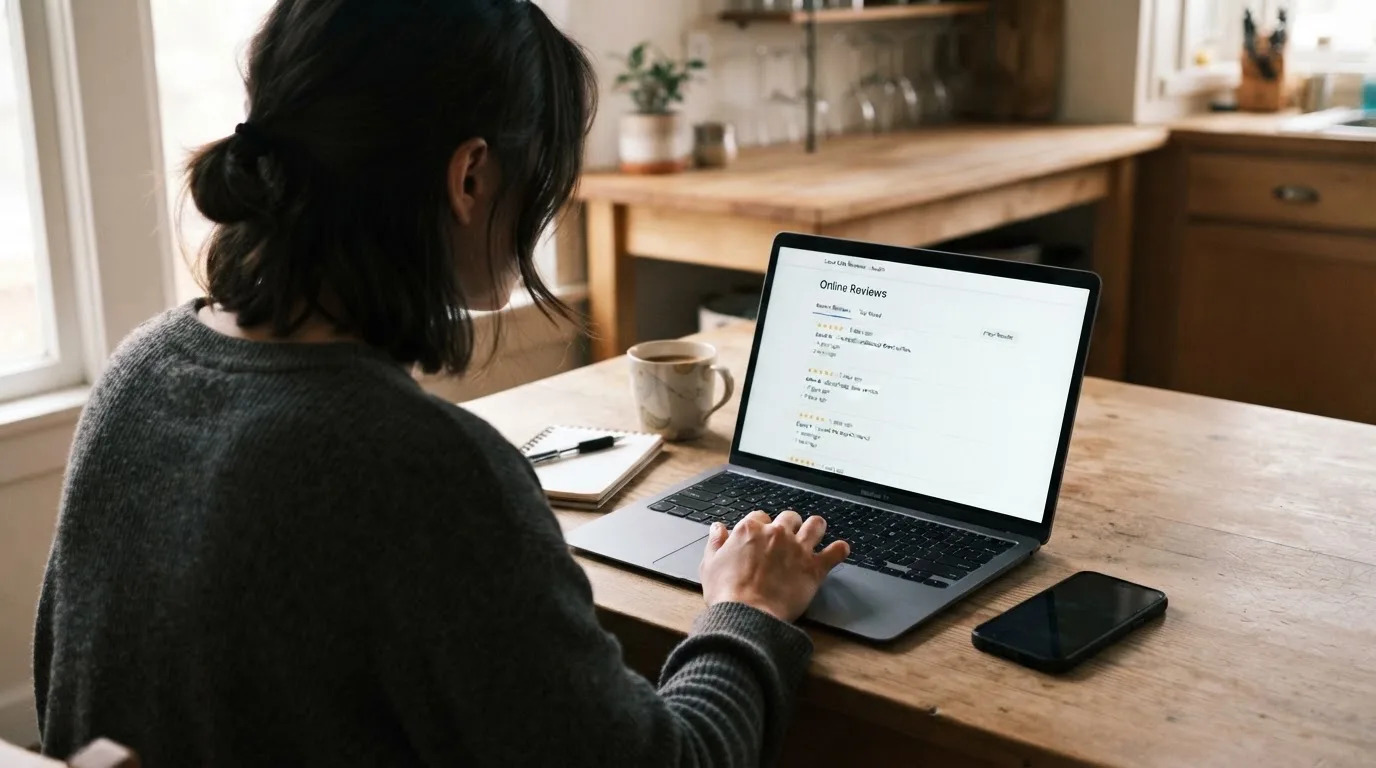 A person at a kitchen table scrolling through review pages on a laptop, phone face-down beside them.