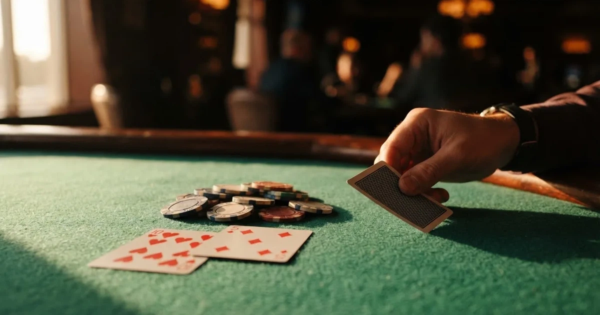 A close-up of a green felt gaming table with cards and chips mid-hand.