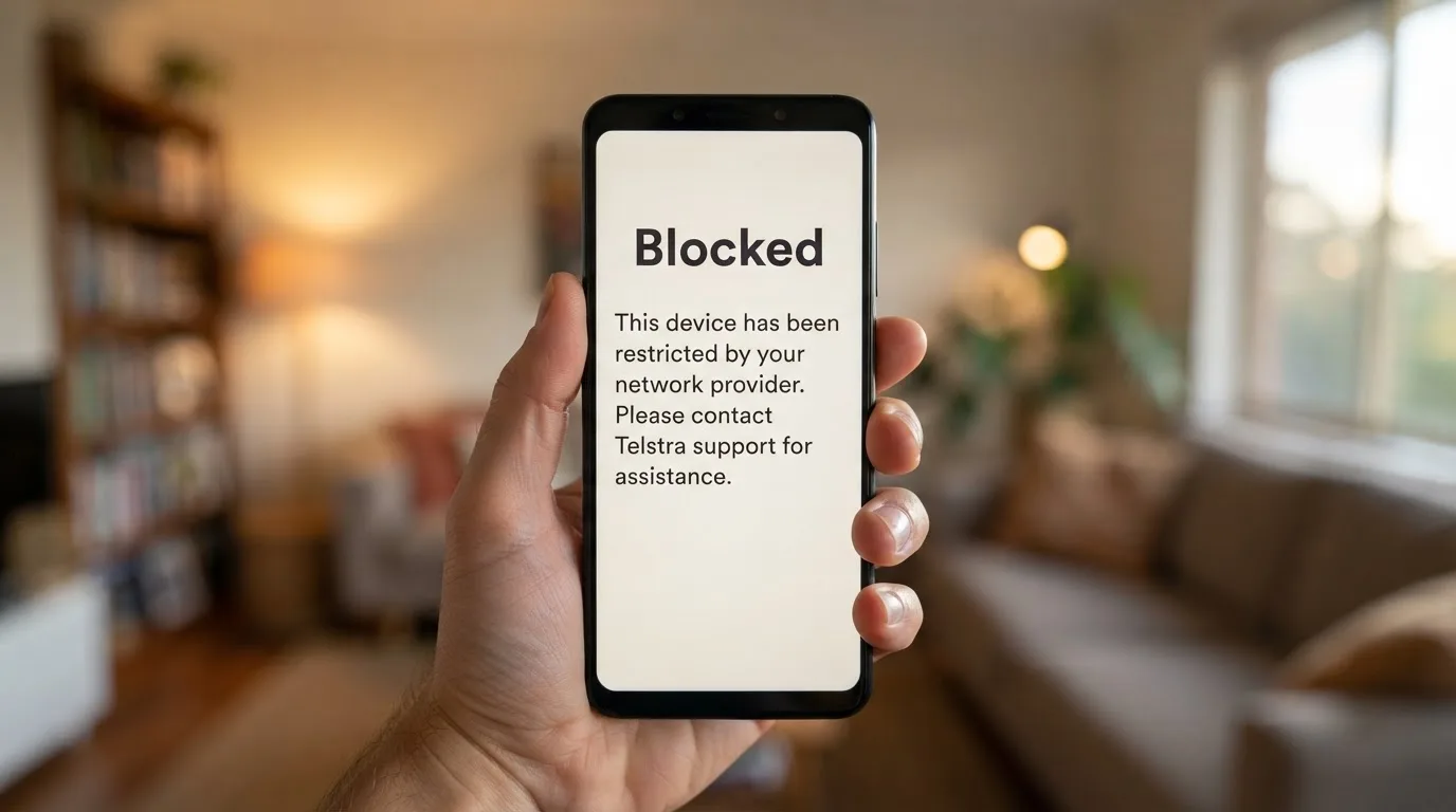 A smartphone screen showing a plain government warning notice about a blocked website, held against a blurred background.