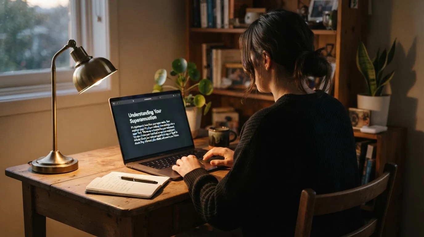 A person at a laptop reading a plain-language explainer article at a home desk.