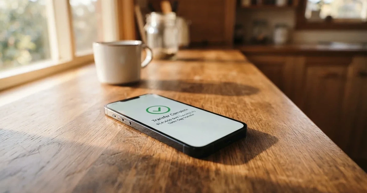 A close-up of a banking app on a smartphone showing a same-day transfer confirmation on a kitchen table.