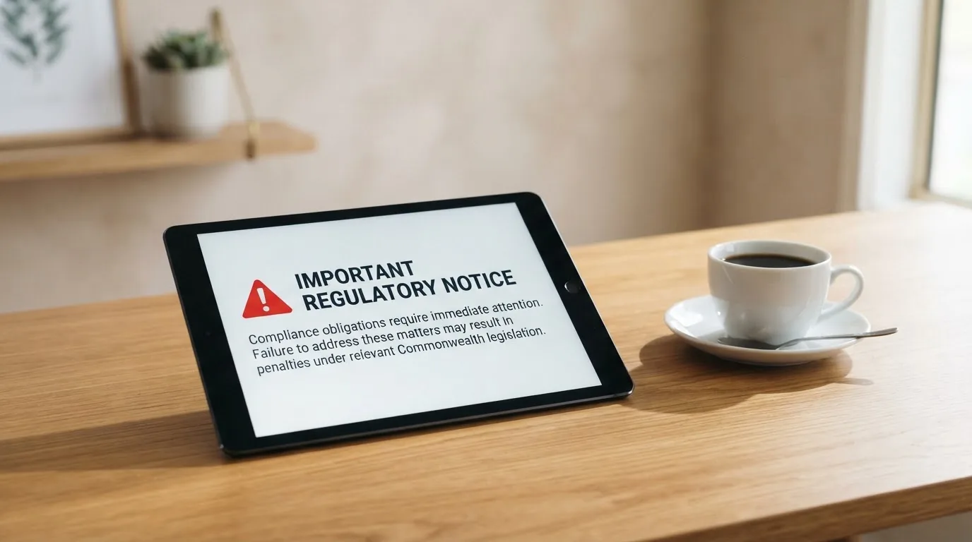 A tablet screen displaying an official regulator warning notice on a desk beside a coffee cup.