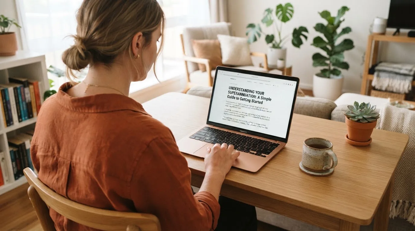 A person at a laptop reading a plain-language explainer article at a home desk.