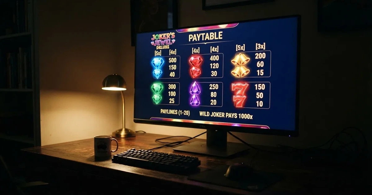 A slot machine's paytable screen glowing on a monitor in a dim room.