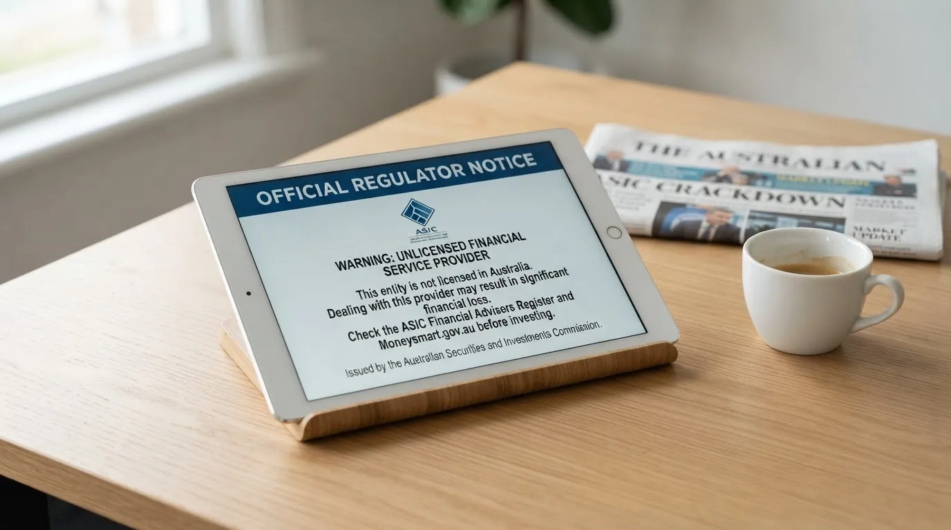A tablet screen displaying an official regulator warning notice on a desk beside a coffee cup.