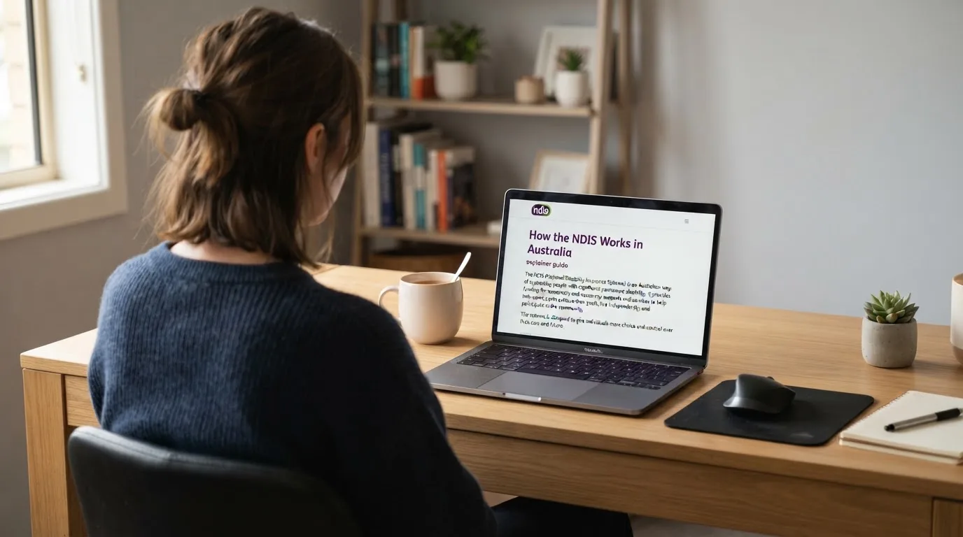 A person at a laptop reading a plain-language explainer article at a home desk.