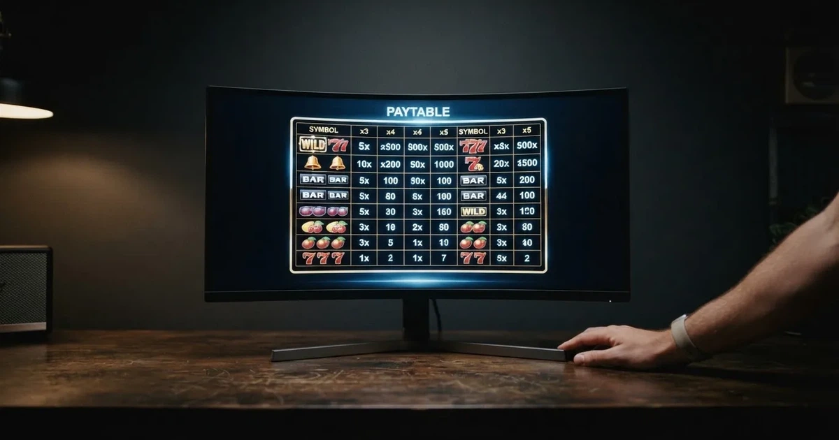 A slot machine's paytable screen glowing on a monitor in a dim room.