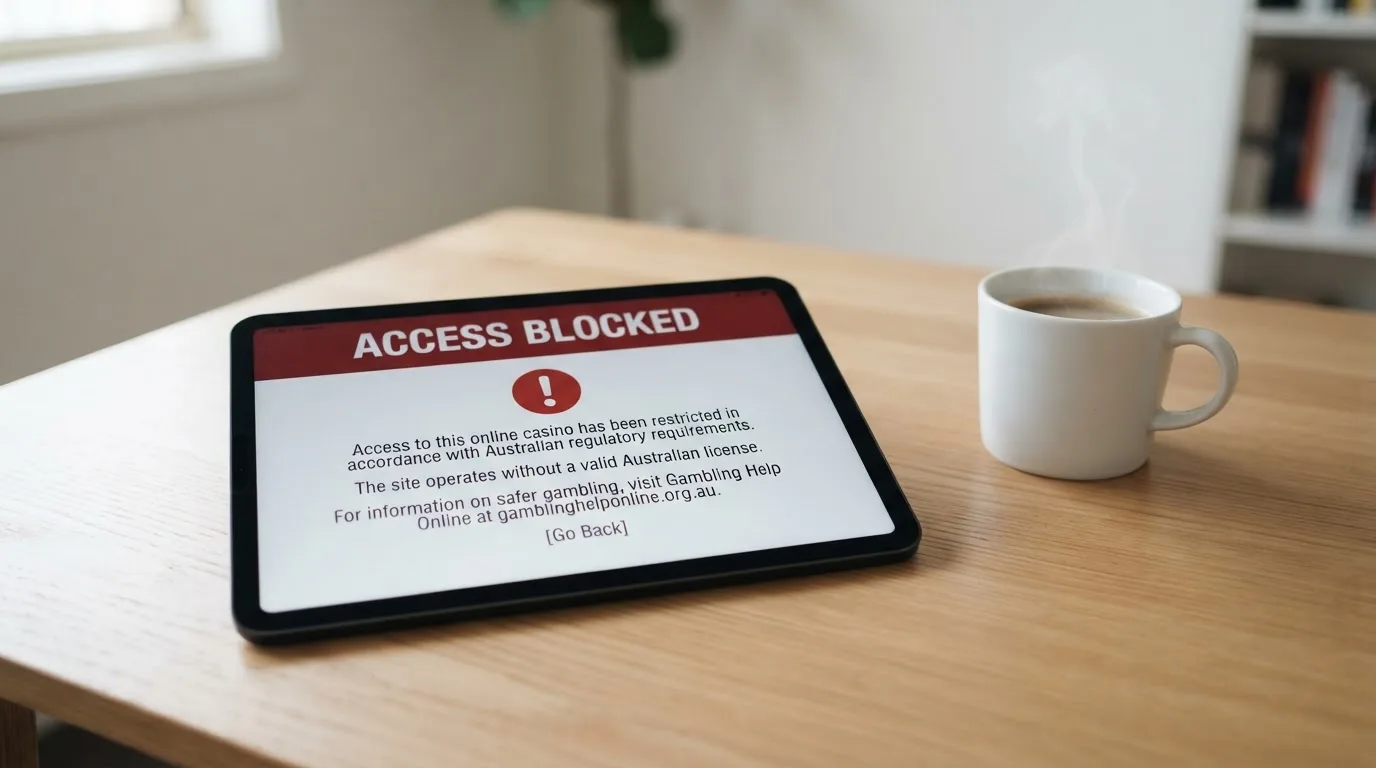 A tablet screen displaying an official regulator warning notice on a desk beside a coffee cup.