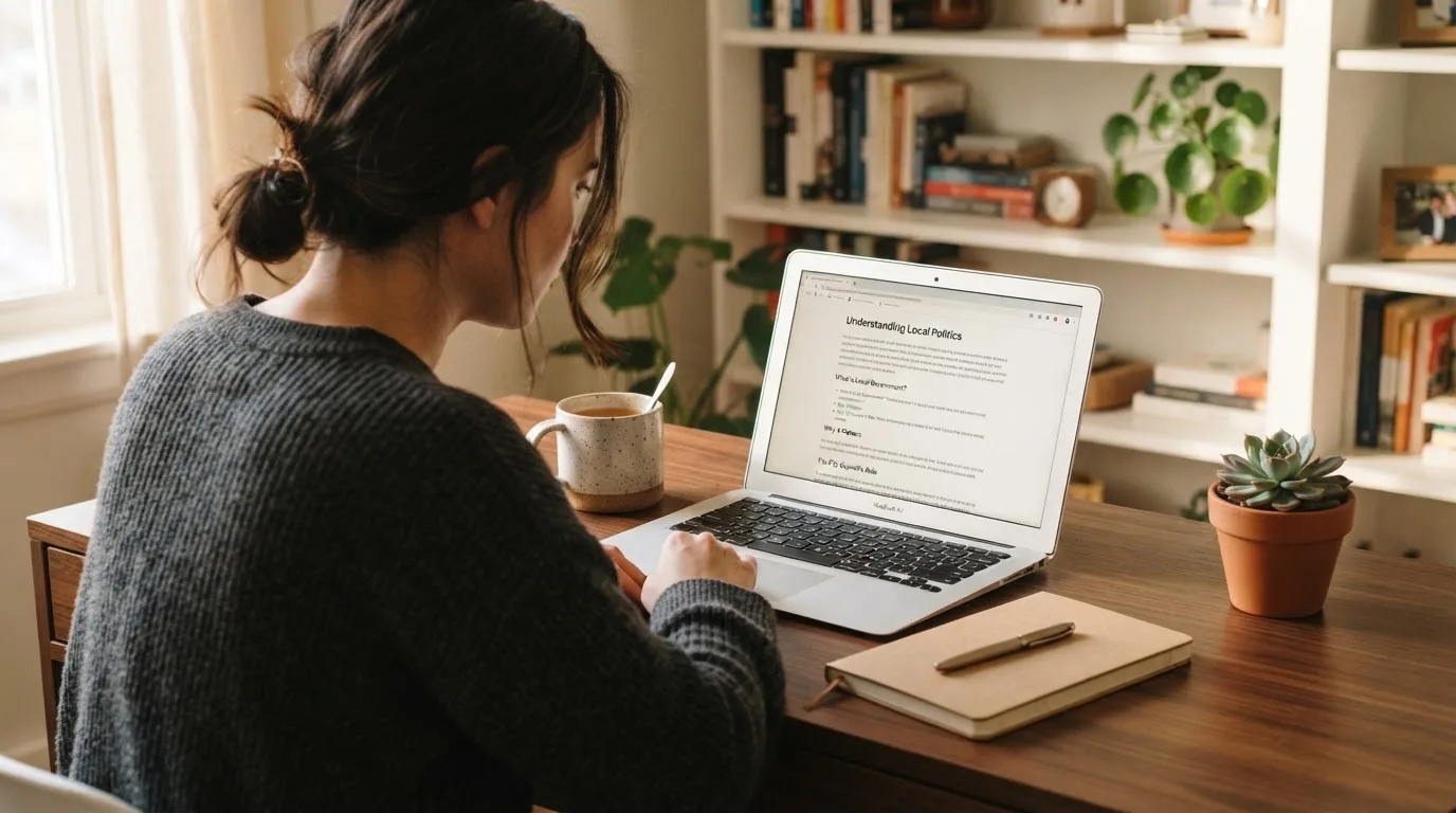 A person at a laptop reading a plain-language explainer article at a home desk.