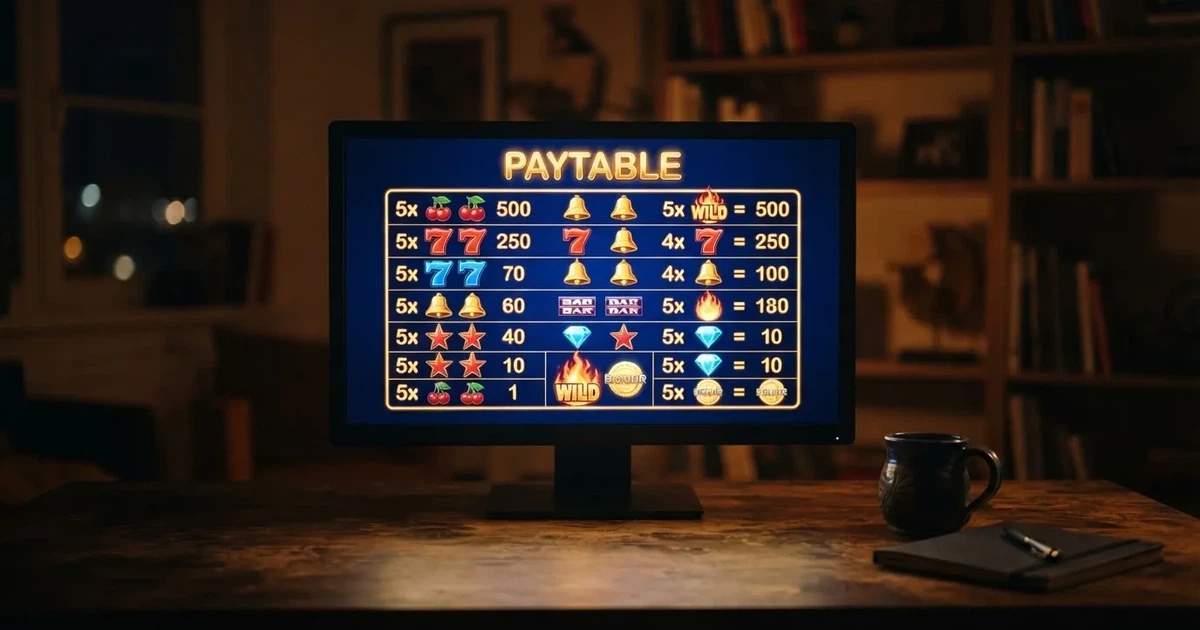 A slot machine's paytable screen glowing on a monitor in a dim room.