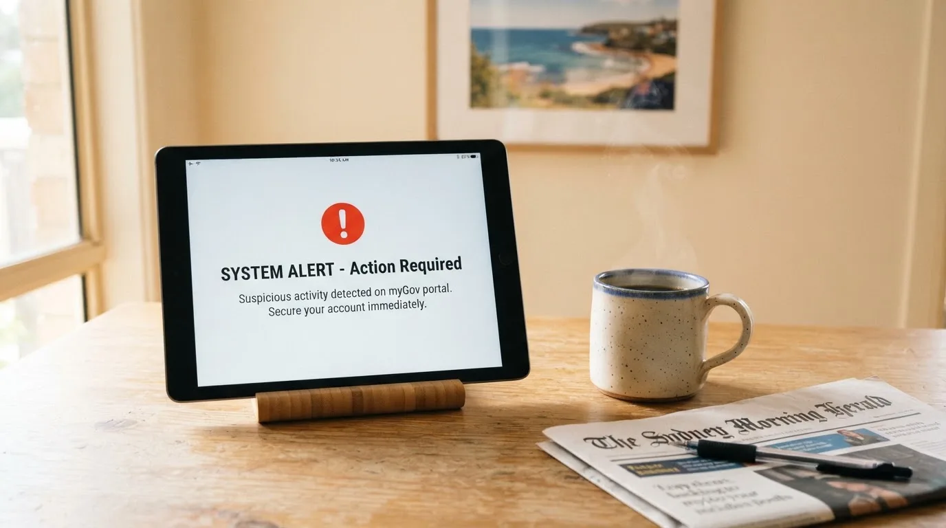 A tablet screen displaying an official regulator warning notice on a desk beside a coffee cup.