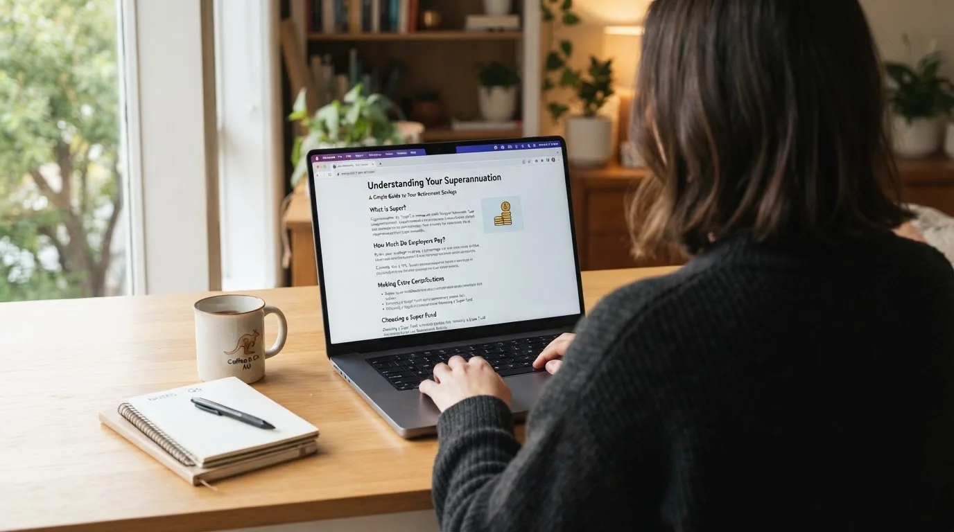 A person at a laptop reading a plain-language explainer article at a home desk.