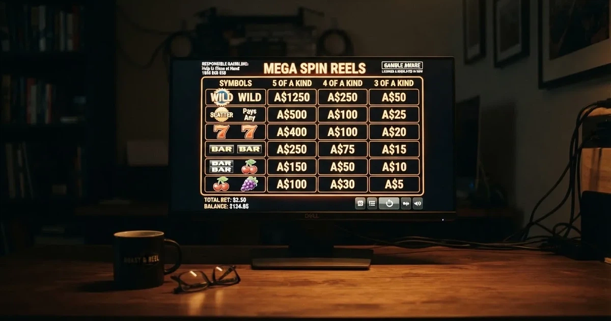 A slot machine's paytable screen glowing on a monitor in a dim room.